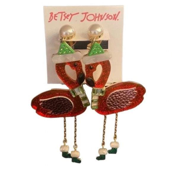 BETSEY JOHNSON Christmas Flamingo Kitsch Santa Hat Dangling Earrings NEW NWT - Picture 1 of 5